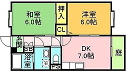 イーストビレッジ北野A棟 2DKの間取図画像