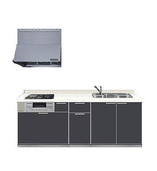 【同仕様写真】キッチンは幅約255cmと広々としている永大製の新品システムキッチンに交換します。お掃除しやすい人工大理石天板や、豊富な収納スペースが魅力です。