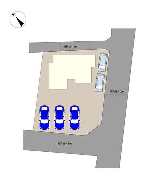【敷地図】駐車拡張を行い、並列3台分と縦列2台分の計5台の駐車スペースを確保する予定です。ご家族の多い方や、来客時も安心ですね。