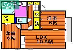 プリムヴェールB棟 2LDKの間取図画像