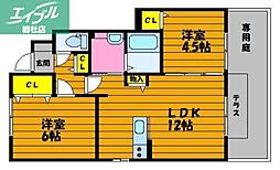 オークス金子D 2LDKの間取図画像