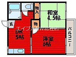 JR山陽本線 北長瀬駅 徒歩16分の賃貸アパート 2階2DKの間取り