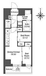 コンフォリア・リヴ西蒲田 2階2DKの間取り