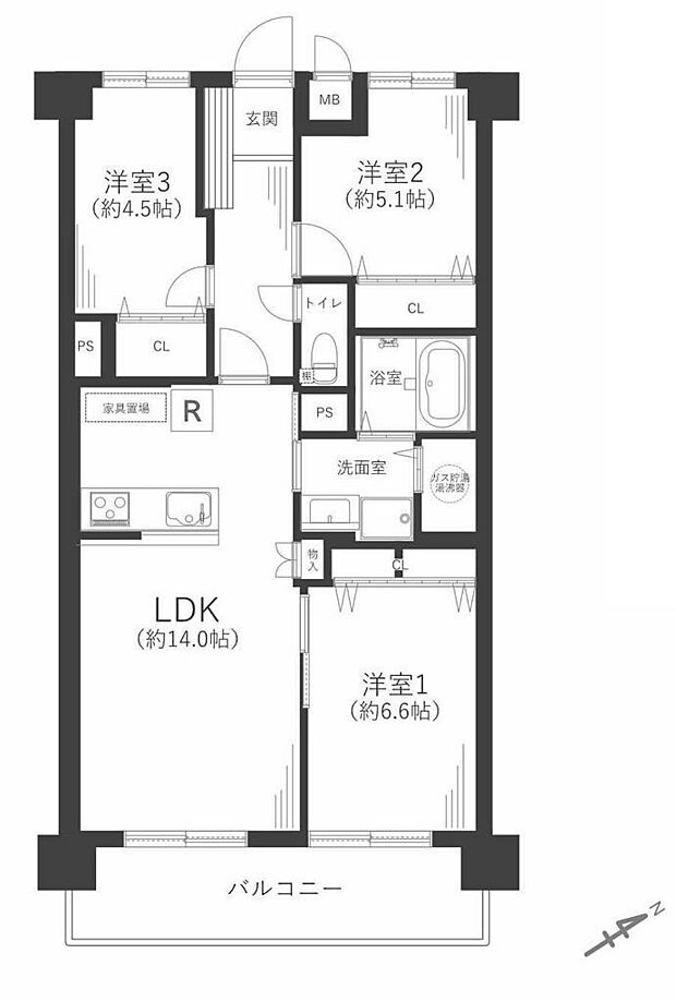 ノバカネイチ阿波座(3LDK) 3階/306の間取り