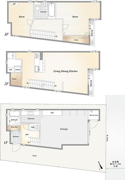2LDKの地上3階建。新規内外装リフォーム物件。トイレとお風呂を2つ完備。1階部分にシャワー室完備。