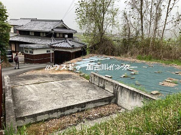 奥の母屋から公道をはさんで更地もあり（手前の防草シート部分）用途は自由にご活用下さい。