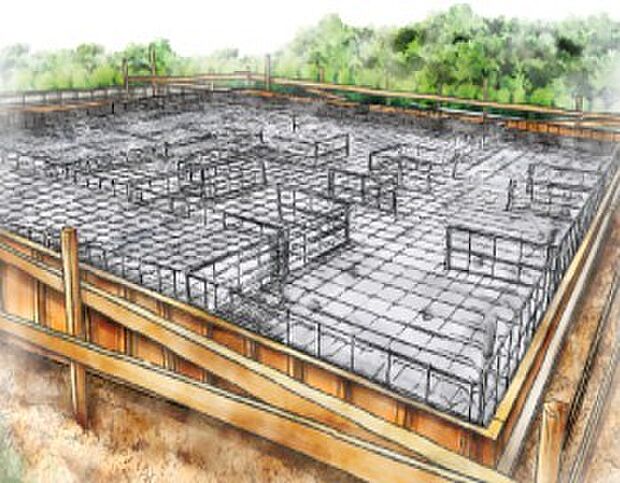 ベタ基礎は、コンクリートで建物の下一面を支える工法。基礎鉄筋お張り強度を強めたベタ基礎の耐圧盤を1階の床下前面い施工し、広い耐圧盤で建物の荷重を地盤に伝えます。