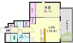 リバープレイス中山手 3階1LDKの間取り