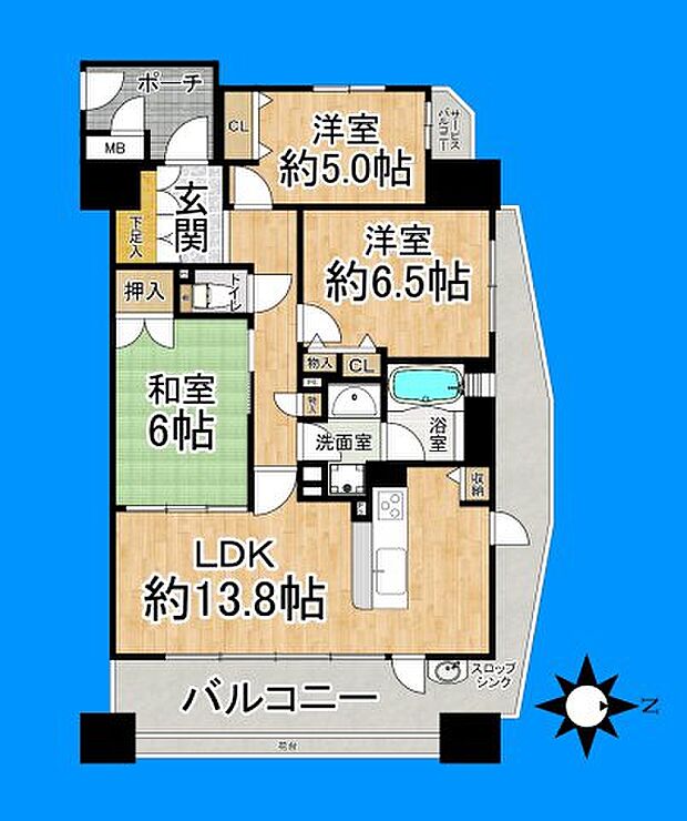 上層階　71.28平米　3LDK　　角住戸のため、眺望良好です！　キッチン部分には勝手口を設けております。