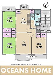 かわつる三芳野団地6号棟 3LDKの間取図画像