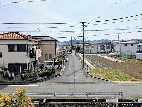 ＜２階からの眺望＞現況建物からの眺望です。水路と道路があるため開放的な眺めです。交通量が少なく、清流の音が心地よく響く穏やかな住環境です