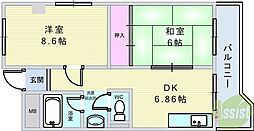 上野坂ハイツ 2DKの間取図画像