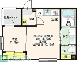 シャルム名古屋II 3階1LDKの間取り