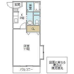 グランクレール 3番館 1階1Kの間取り