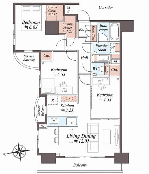 3LDK、専有面積70.92m2、西向け角部屋