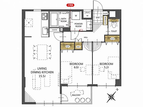 2LDK、専有面積61.30m2、南東向け
