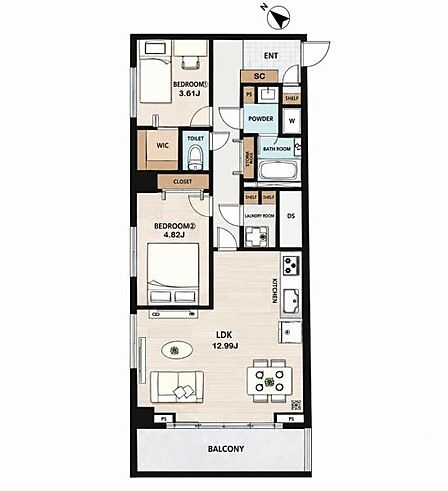 2LDK、専有面積61.92m2、南西向け