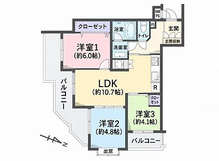 3LDK、専有面積57.62m2、南東向け