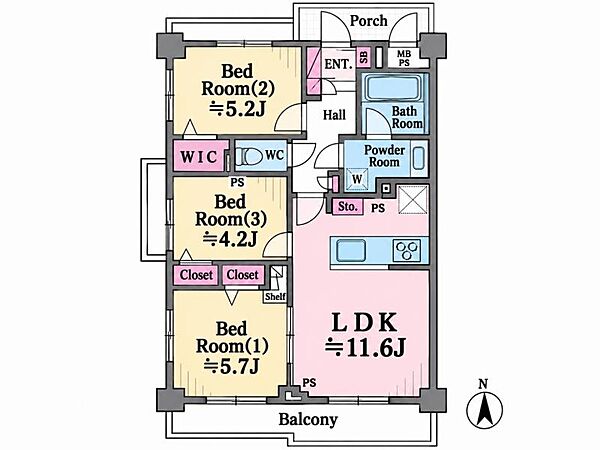 3LDK、専有面積60.48m2、南西角部屋