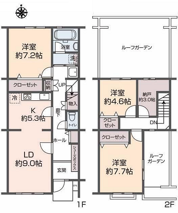 3SLDK、専有面積94.77m2、南向け、専用庭・ルーフバルコニー有