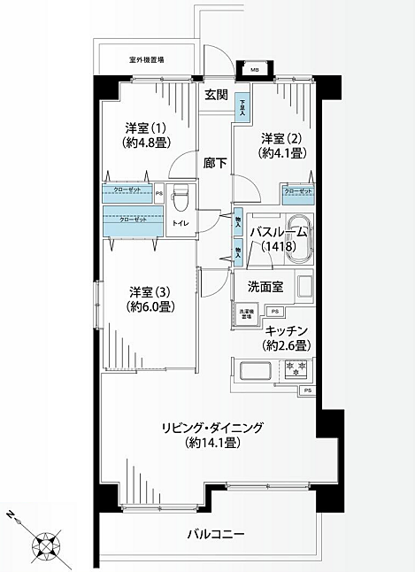 3LDK、専有面積68.94m2、南西向け角部屋