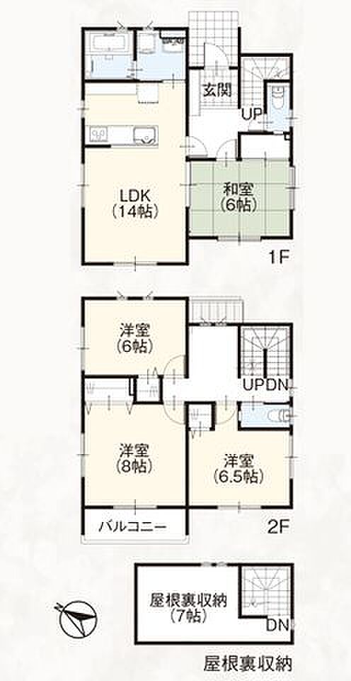 1階は14帖のLDK＋和室。2階に洋室3室。固定階段で上がる屋根裏収納があります。