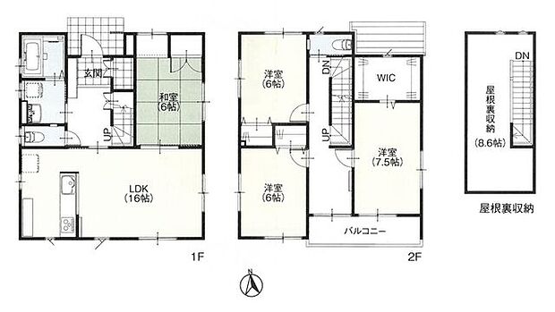 1階はLDKとつながる和室、2階に3室、WICと8.6帖の屋根裏収納があるゆとりの4LDK。