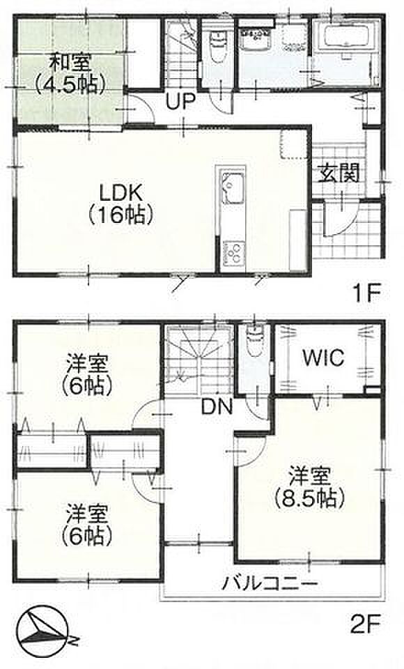1階は畳コーナーのあるLDK。2階にはWICがあり、ご家族3〜4人がくつろげる間取りです。