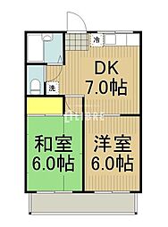 JR中央線 日野駅 徒歩9分の賃貸アパート 2階2DKの間取り