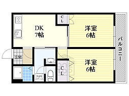 西田マンション 2DKの間取図画像
