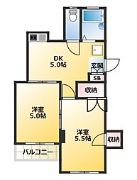 都電荒川線 西ヶ原四丁目駅 徒歩3分の賃貸マンション 2階2DKの間取り