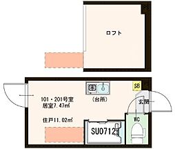 Gluck江原町 201 2階ワンルームの間取り