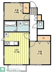 セレスティアル福生 1階2LDKの間取り