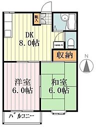 パープルヴィラ 2階2DKの間取り