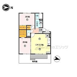 ロイヤルガーデン上牧Ａ棟Ｂ棟 1階2LDKの間取り