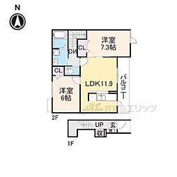 グラン　ジェルメII 2階2LDKの間取り