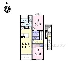 近鉄橿原線 田原本駅 徒歩20分の賃貸アパート 2階2LDKの間取り