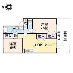 近鉄生駒線 南生駒駅 徒歩3分の賃貸アパート 1階2LDKの間取り