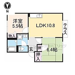 近鉄南大阪線 当麻寺駅 徒歩7分の賃貸アパート 1階2LDKの間取り