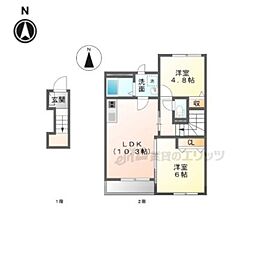 近鉄大阪線 五位堂駅 徒歩11分の賃貸アパート 2階2LDKの間取り