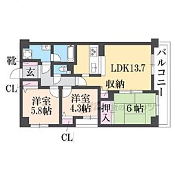 シャルマンコーポ桜井2 3LDKの間取図画像