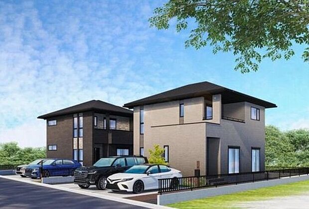 落ち着きのあるデザインの2棟が自然豊かな街並みに調和します。駐車スペースは3台分を確保したゆとりある区画で、前面道路は約6.6mありお車の出入りもスムーズに行えます。