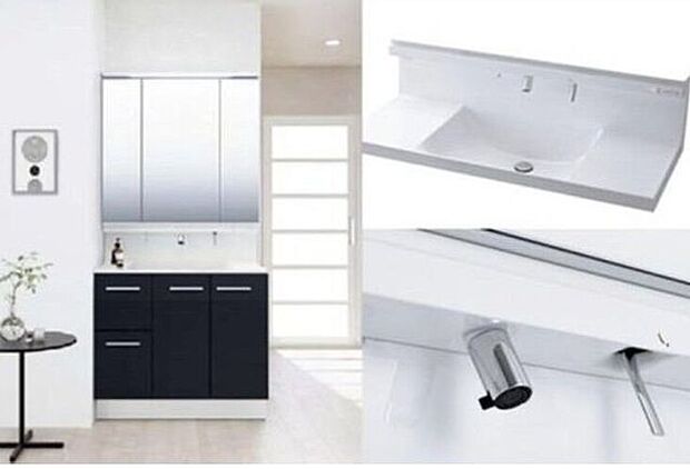 底が広くて大容量のひろびろボウル+使いたい位置にくるり回り、左右180度回転するくるくる水栓など新しいカタチの洗面器が象徴する、毎日の使いやすさがいっぱいの洗面化粧台です。