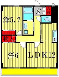 JR総武線 新小岩駅 徒歩20分の賃貸マンション 2階2LDKの間取り