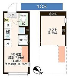 JR総武線 平井駅 徒歩8分の賃貸アパート 1階ワンルームの間取り