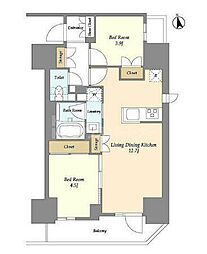 都営新宿線 船堀駅 徒歩9分の賃貸マンション 14階2LDKの間取り