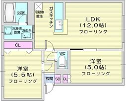 JR学園都市線 当別駅 徒歩13分の賃貸アパート 2階2LDKの間取り