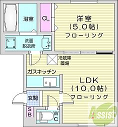 CREA北22条 1階1LDKの間取り