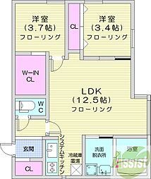Bell Court東札幌 3階2LDKの間取り