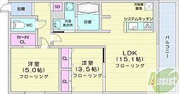 札幌市営東豊線 月寒中央駅 徒歩1分の賃貸マンション 2階2LDKの間取り